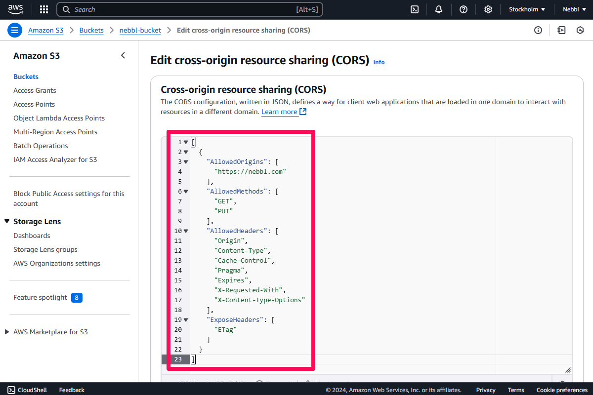 AWS S3 Add CORS Policy page - General CORS policy