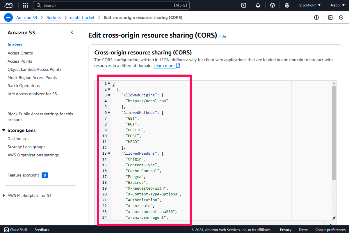 AWS S3 Add CORS Policy page - Zero-knowledge CORS policy