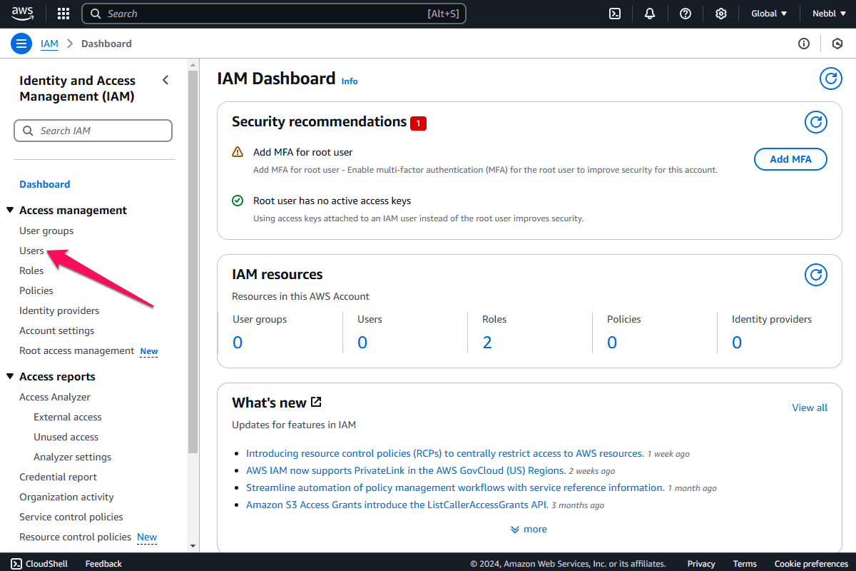 AWS S3 IAM page