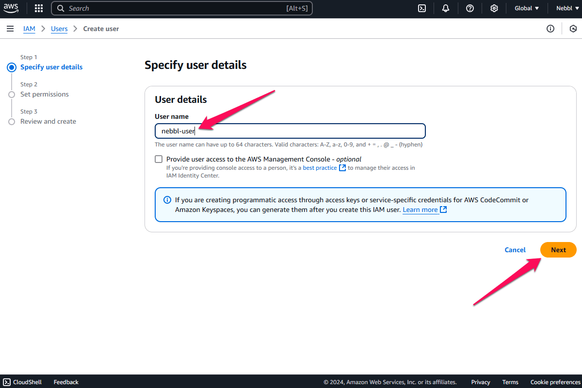 AWS S3 Create User page