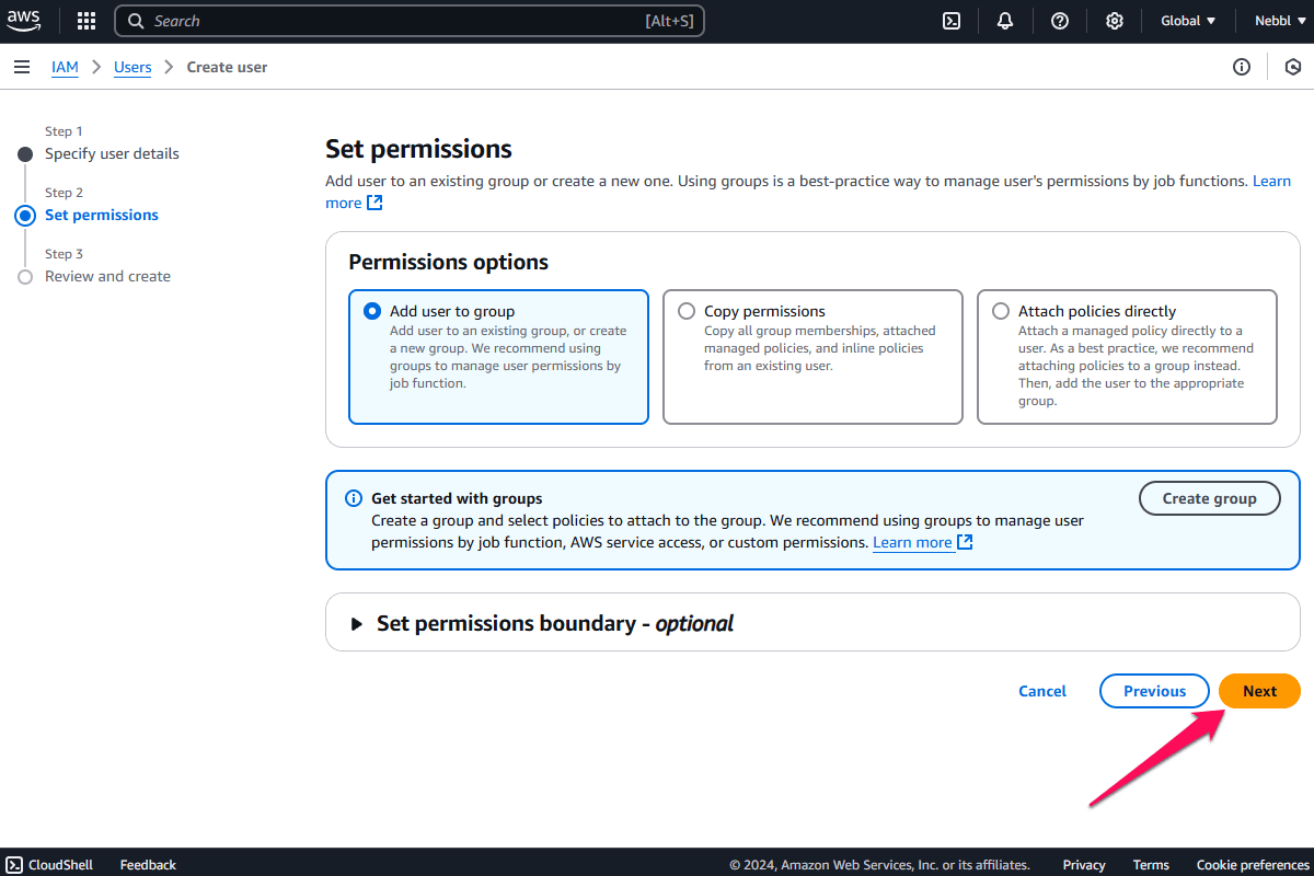 AWS S3 Create User page