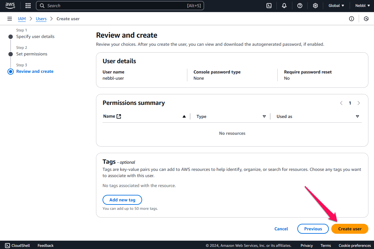 AWS S3 Create User page