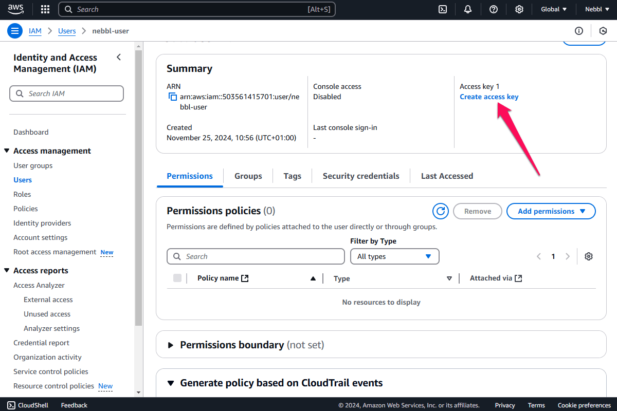 AWS S3 Create Access Key page