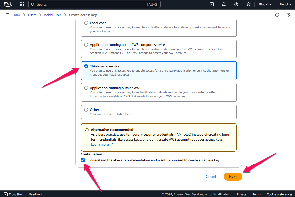 AWS S3 Create Access Key page