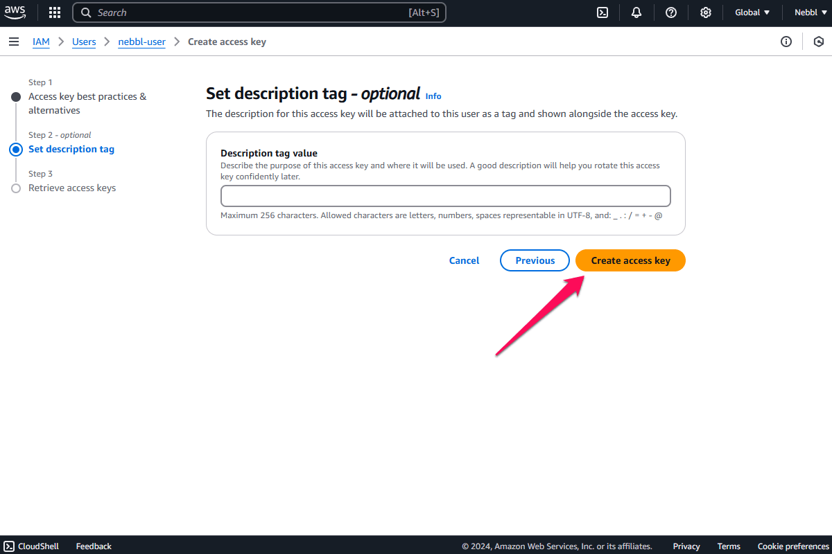 AWS S3 Create Access Key page