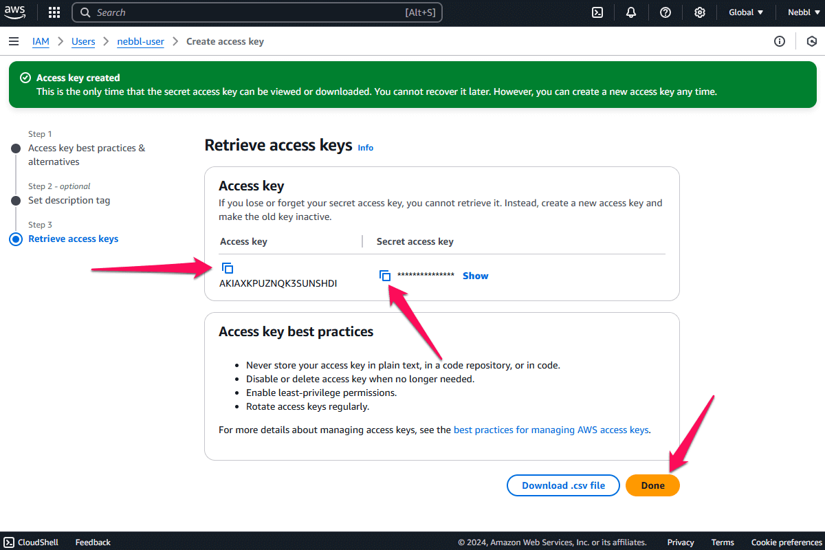 AWS S3 Create Access Key credentials page