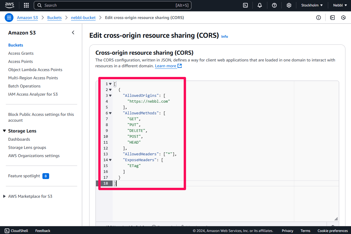 AWS S3 Add CORS Policy page