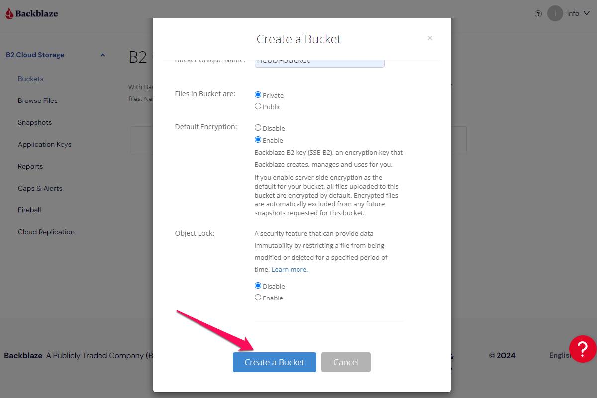 Backblaze B2 Create a Bucket window bottom