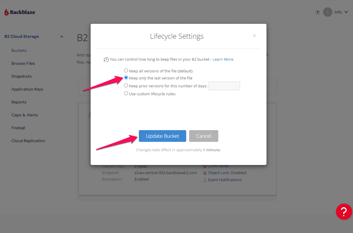 Backblaze B2 Lifecycle Settings window