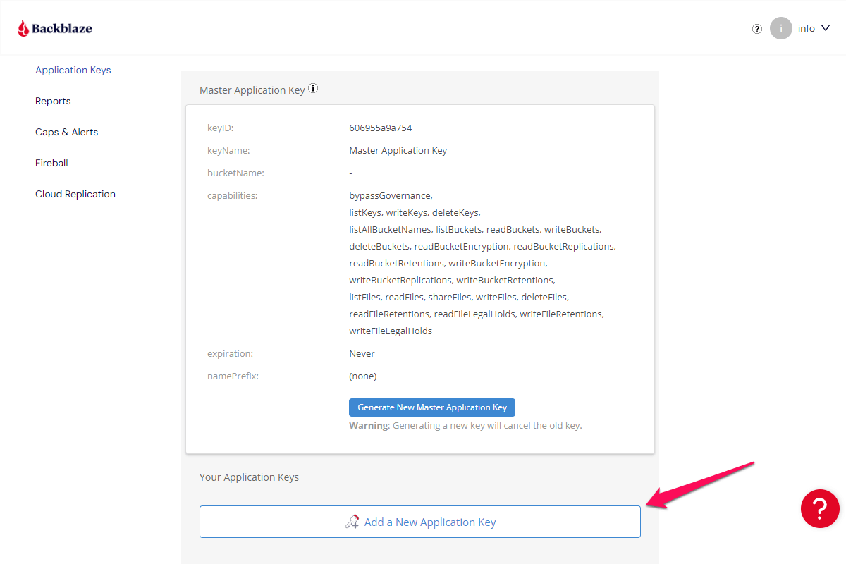 Backblaze B2 Application Keys page bottom