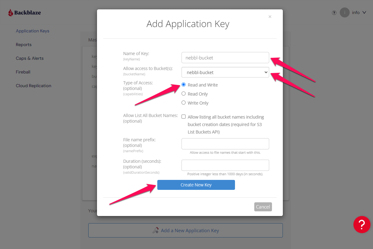 Backblaze B2 Add Application Key window