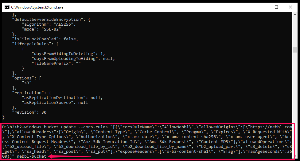 Console window with B2 CLI command