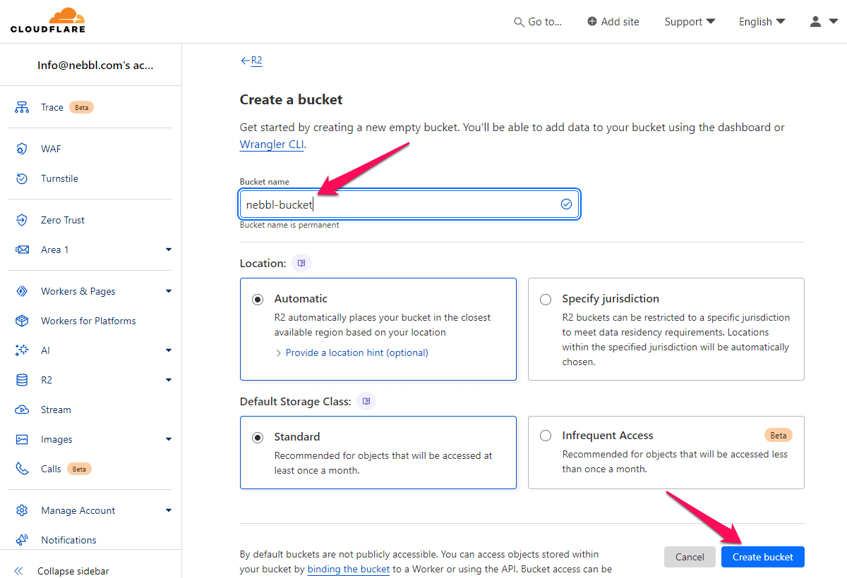 Cloudflare R2 Create a Bucket page