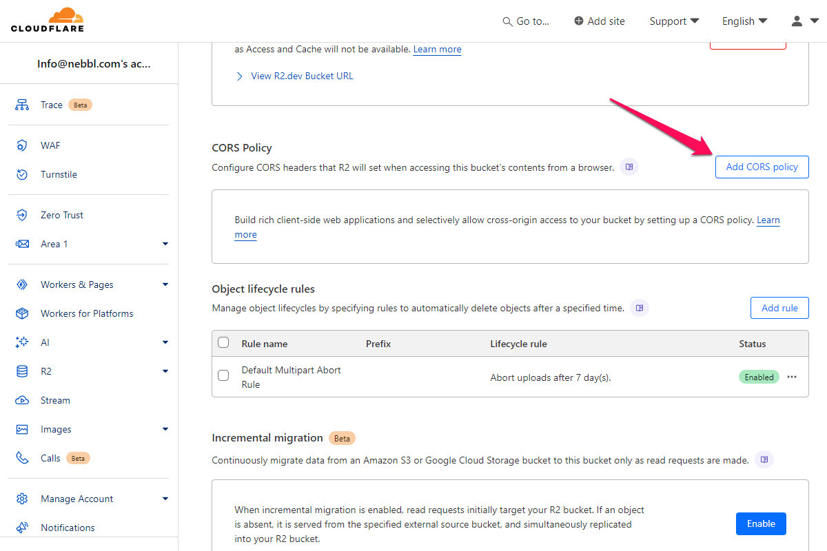 Cloudflare R2 bucket Settings page