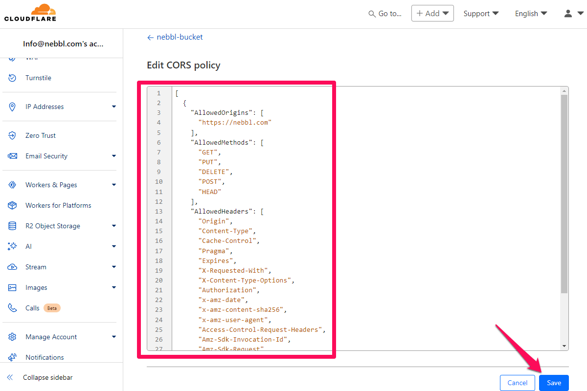 Cloudflare R2 Add CORS Policy page