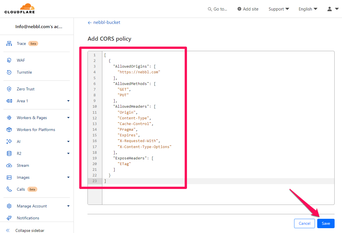 Cloudflare R2 Add CORS Policy page