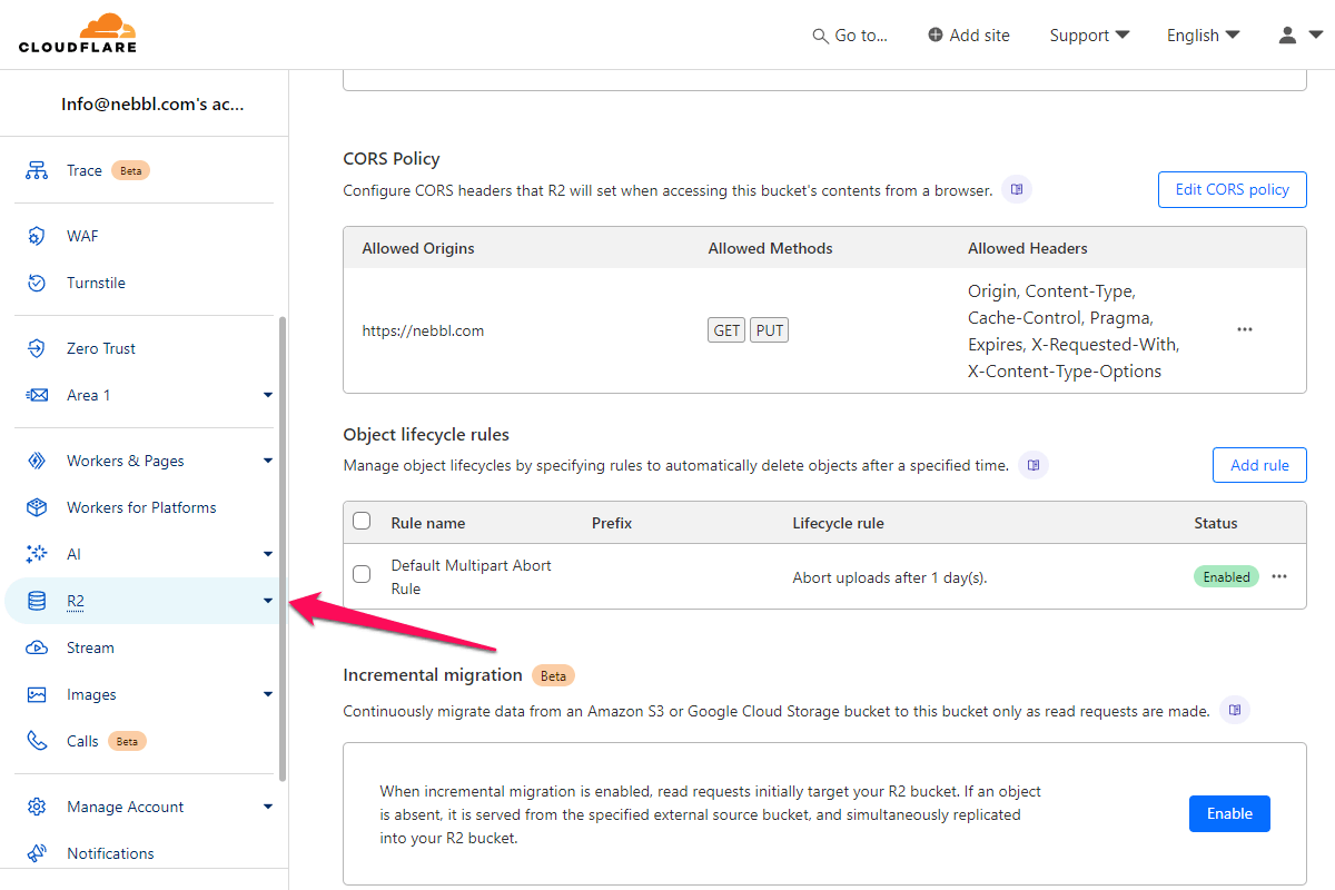 Cloudflare R2 bucket Settings page