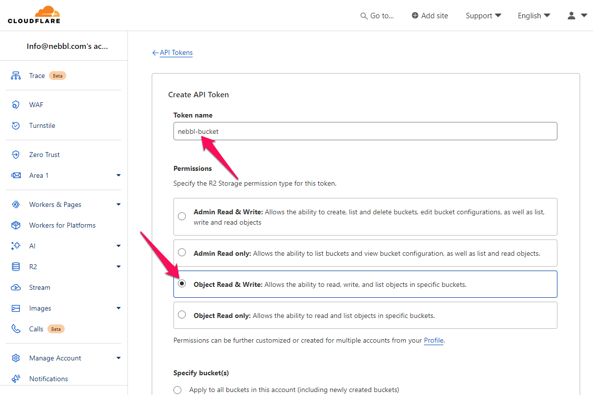 Cloudflare R2 Create API Token page top