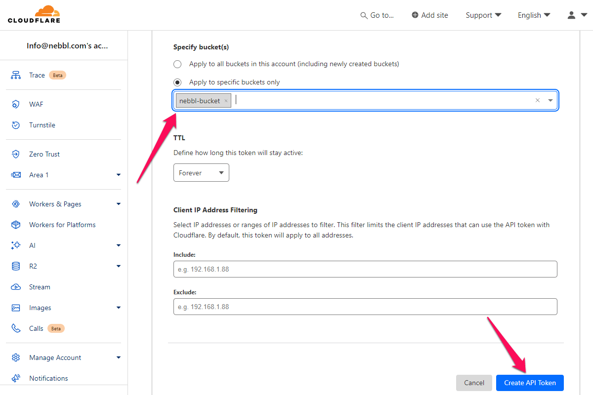 Cloudflare R2 Create API Token page bottom