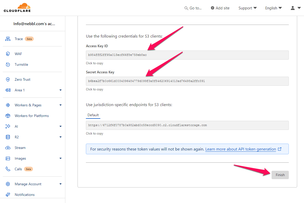 Cloudflare R2 API Token credentials page