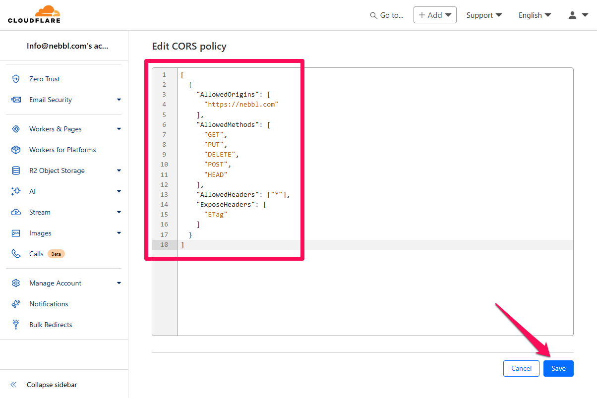 Cloudflare R2 Add CORS Policy page